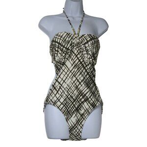 TRINA TURK Large Brown RETRO Mod Abstract HALTER One Piece Swim Suit Resort